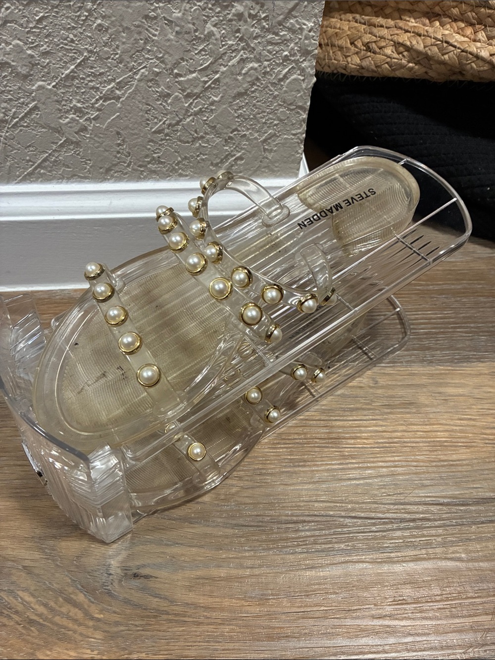 Steve Madden Clear Jelly Platform Slides with Pearl & Gold Accents